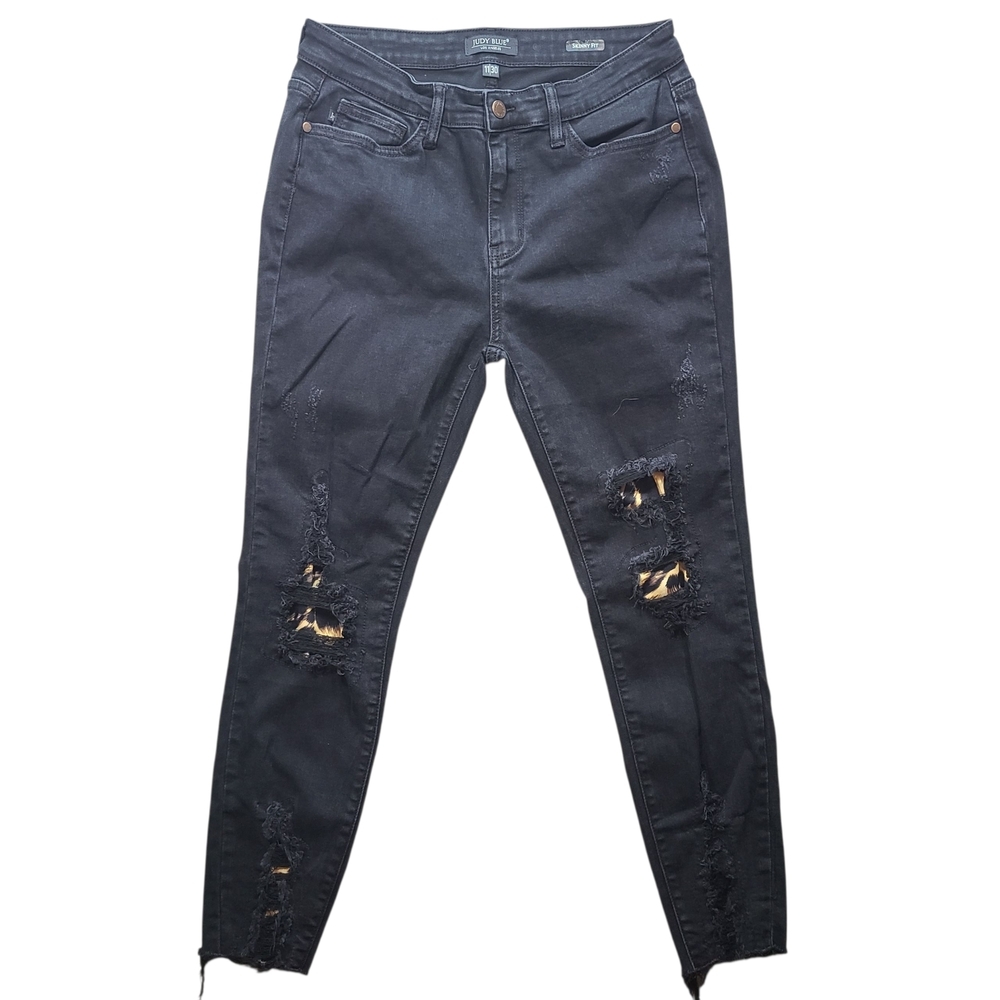 Judy Blue Black Distressed Leopard Patch Skinny Jeans 11/30 Stretch - Picture 4 of 16